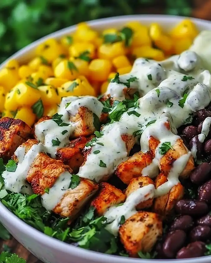High Protein Chipotle Chicken Bowl with Black Beans and Creamy Sauce