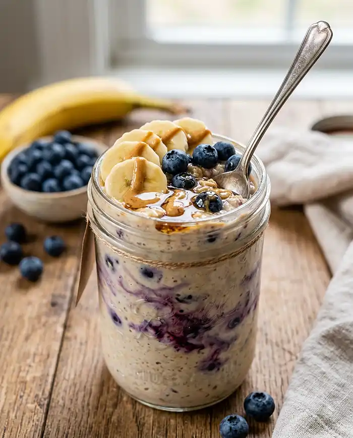 High-Protein peanut butter banana blueberry overnight oats​