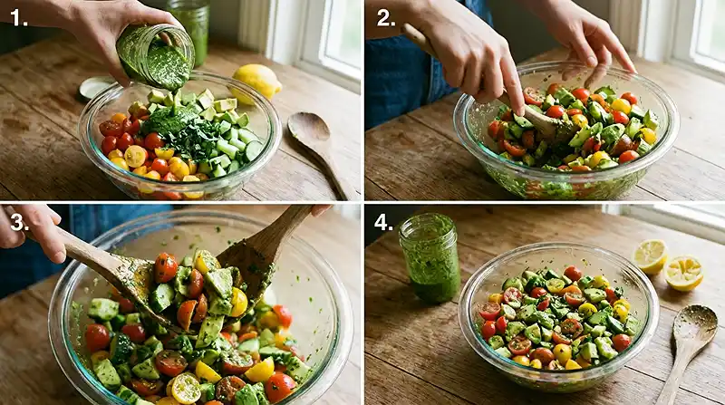 Summer Salad with Tomatoes, Cucumber, Avocado, and Basil Pesto 4 How to Make Summer Salad