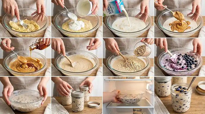 How to Make blueberry banana peanut butter overnight oats​