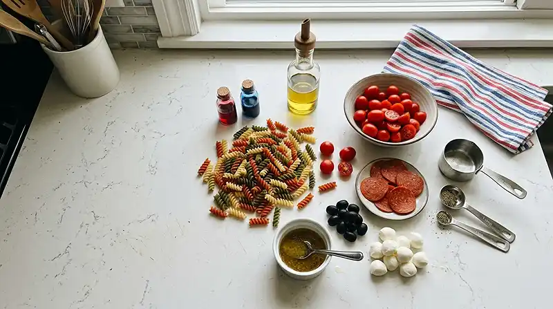 Ingredients for Chilled 4th of July Pasta Salad
