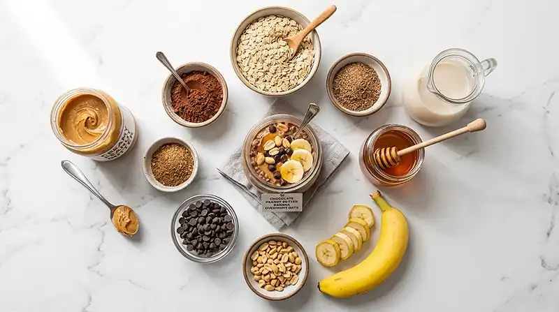 Ingredients for Chocolate Peanut Butter Banana Overnight Oats