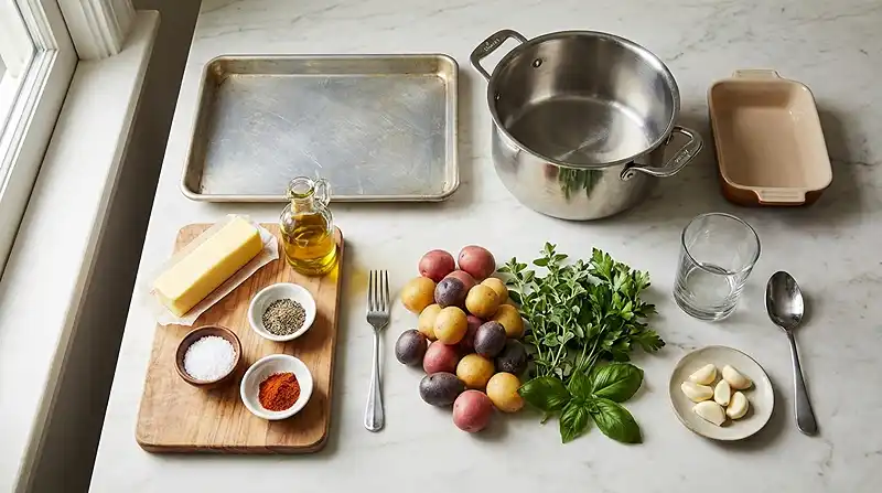 Ingredients for Crispy Smashed Potatoes with Garlic