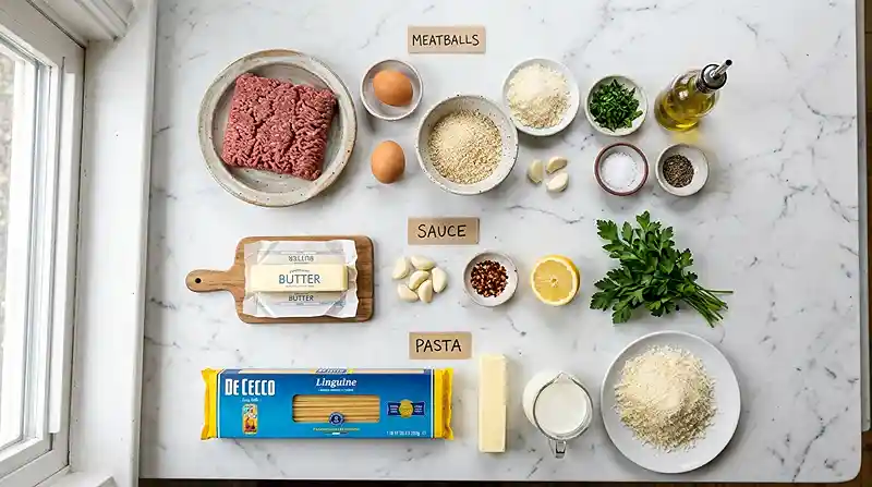 Ingredients for Garlic Butter Meatballs with Parmesan Pasta