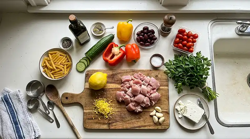 Ingredients for Greek Chicken Pasta Salad