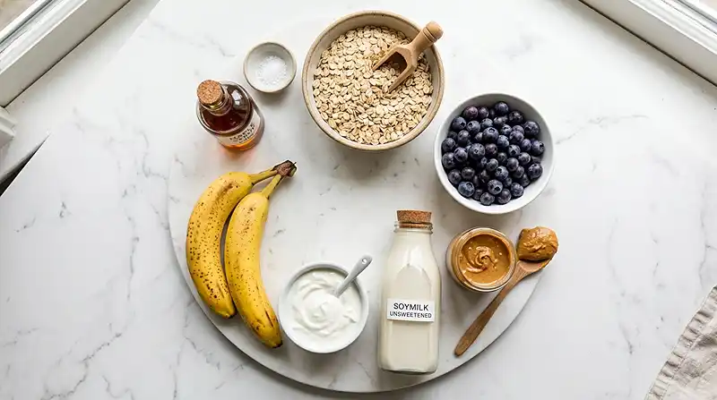 Ingredients for blueberry banana peanut butter overnight oats​