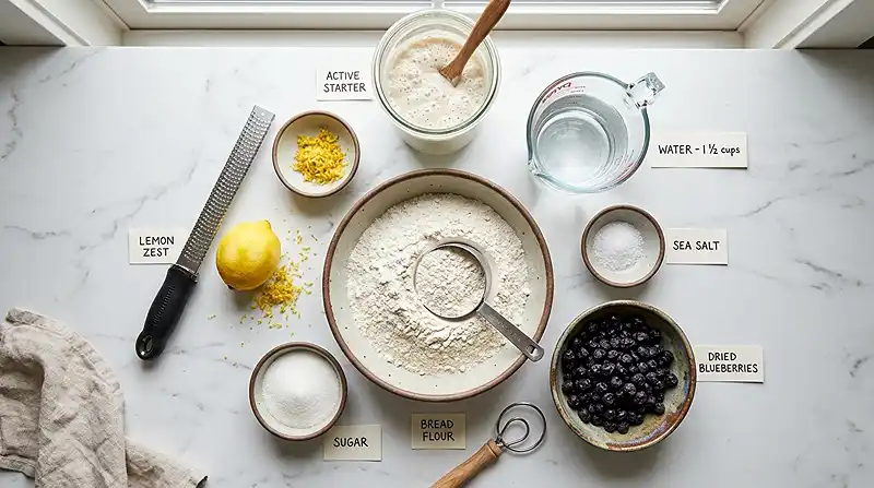 Ingredients for costco blueberry sourdough bread