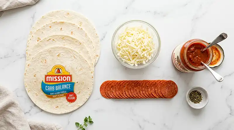 Main ingredients for Cheesy Pepperoni Pizza Roll Ups With Low Carb Tortillas