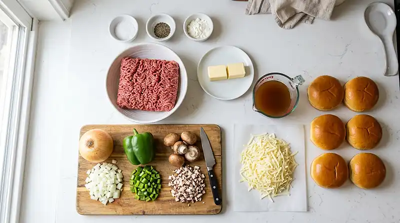Main ingredients for Gordon Ramsay Philly Cheesesteak Sloppy Joes