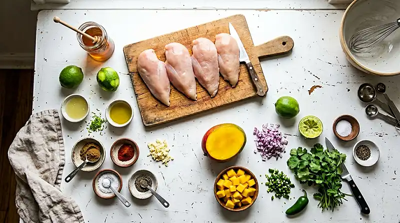 Main ingredients for Honey Lime Chicken with Mango Salsa