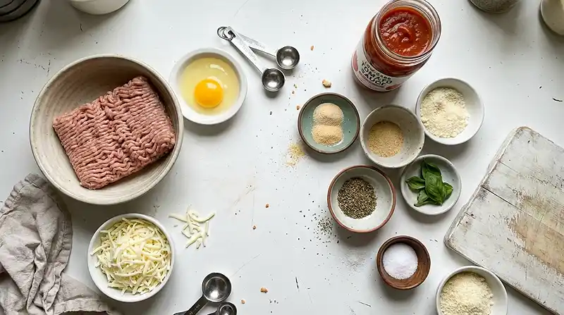 Keto Meatball Parmesan Casserole 3 Main ingredients for Keto Meatball Parmesan Casserole