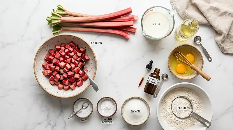Main ingredients for rhubarb bread recipe