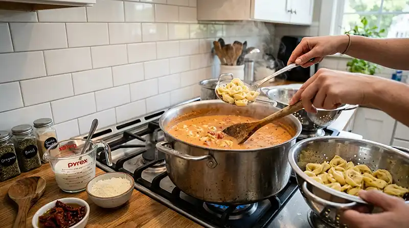 Making the Simple Tomato Tortellini Soup