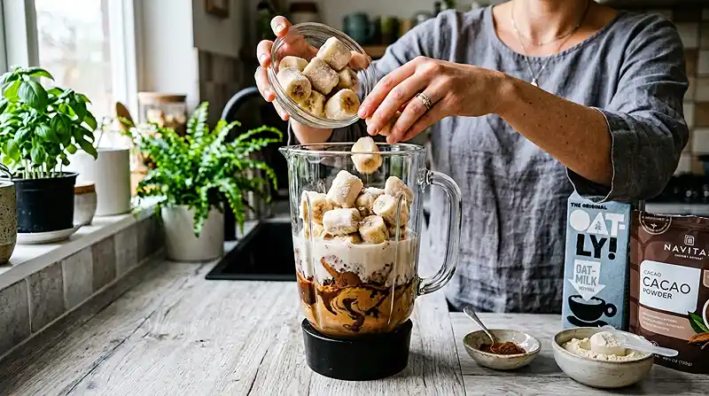 Mixing the ingredients for Chocolate Peanut Butter Smoothie