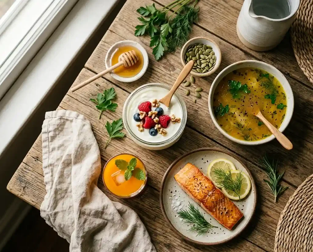 A collection of SIBO-friendly recipes including yogurt, salmon, and healing soup arranged on a wooden table
