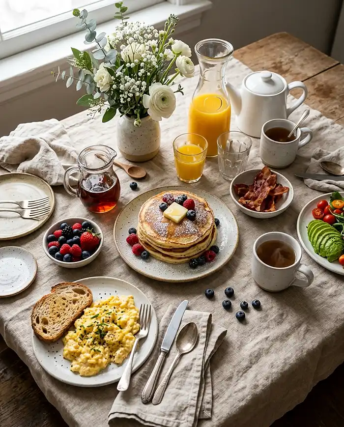 A cozy brunch table spread with a stack of homemade pancake recipes, fresh fruit, eggs, and maple syrup