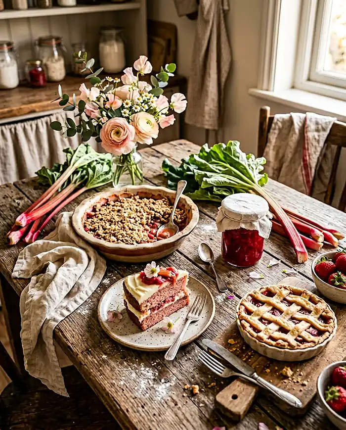 A cozy overhead kitchen scene showing an assortment of healthy rhubarb recipes desserts including a crisp, cake slice, jam jar, and tart arranged on a wooden table with fresh rhubarb stalks