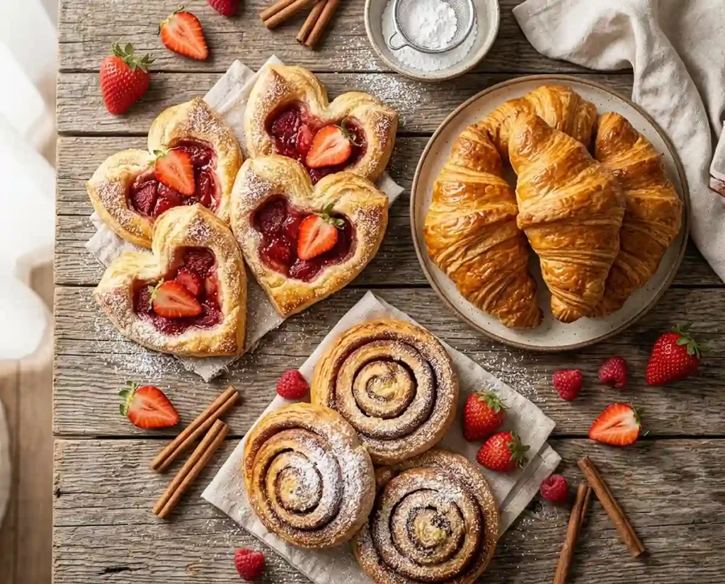 A flat lay of assorted sweet breakfast pastries including heart danishes, cinnamon rolls, and crescent rolls on a rustic wooden table