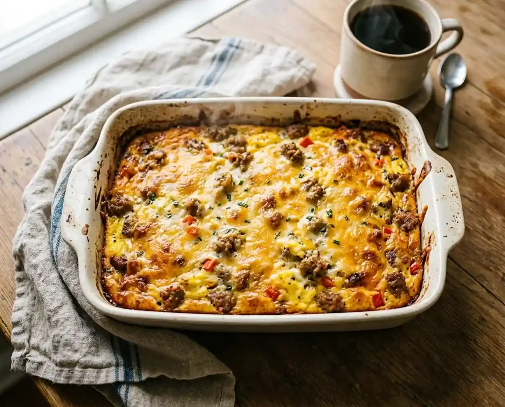 A golden breakfast casserole fresh from the oven in a white ceramic baking dish