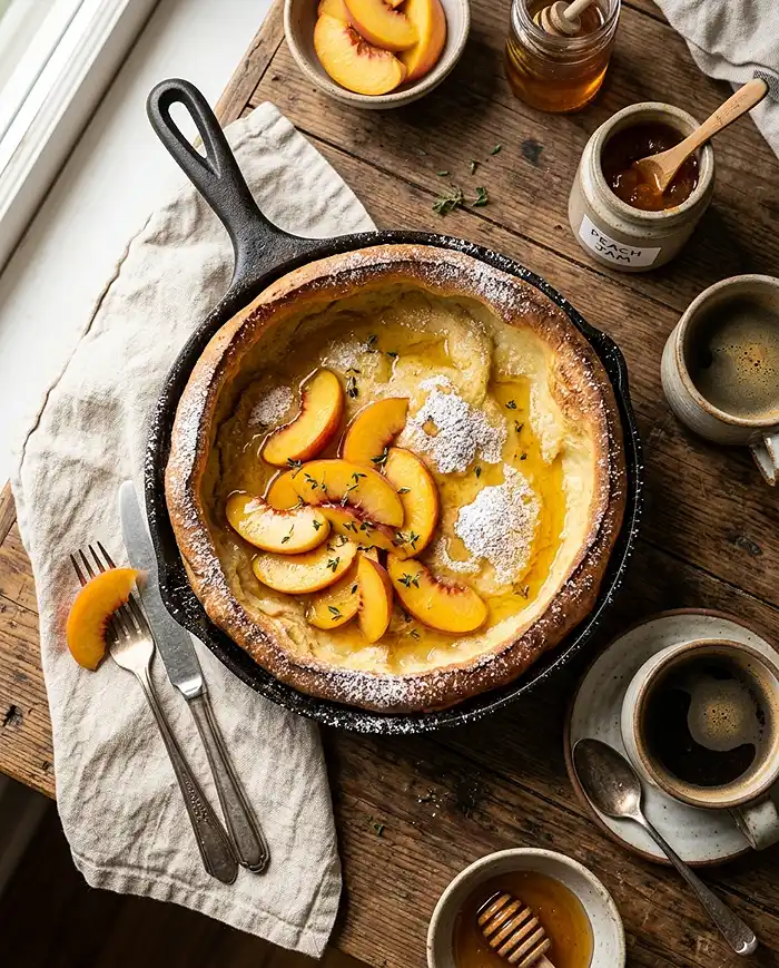 A golden dutch baby pancake baked in a cast iron skillet, topped with powdered sugar and fresh peaches