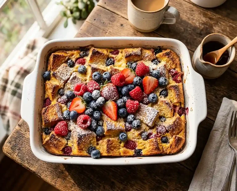A golden french toast casserole topped with mixed berries and powdered sugar in a white baking dish