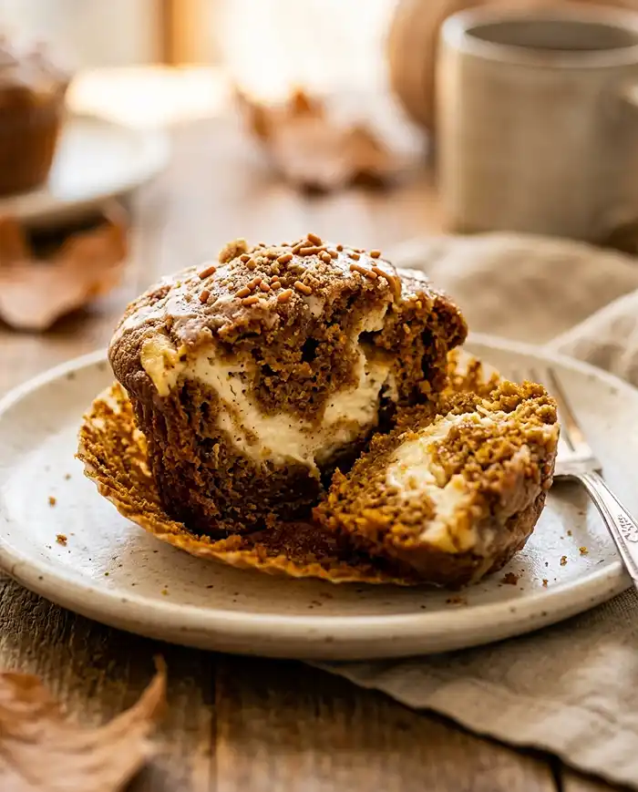 A pumpkin cream cheese swirl muffin broken open to show the creamy swirl inside on a white plate
