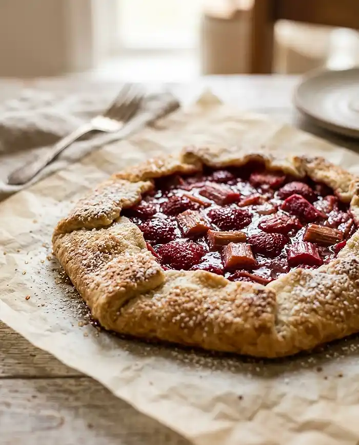 A rustic strawberry rhubarb galette with flaky golden pastry edges and a glossy jammy filling, dusted with powdered sugar on parchment paper