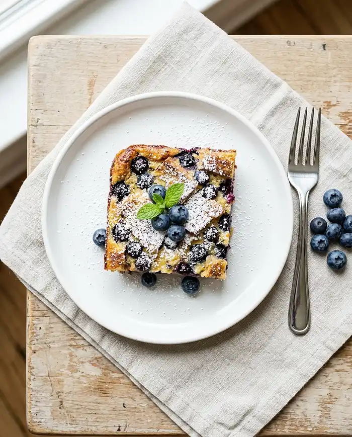 French Toast Casserole Recipes 4 A slice of blueberry french toast casserole on a white plate dusted with powdered sugar and fresh blueberries