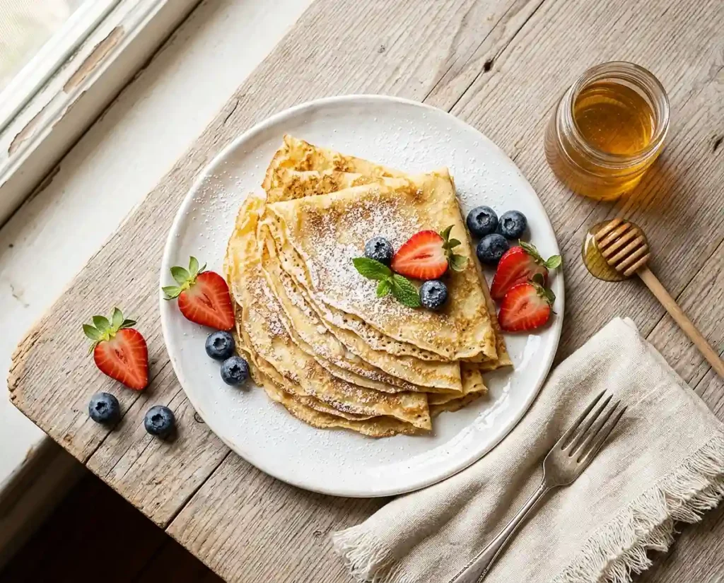 A stack of golden homemade crepes dusted with powdered sugar and served with fresh berries and honey