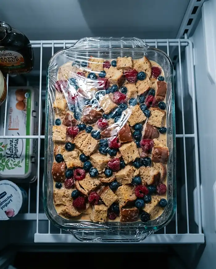 French Toast Casserole Recipes 7 An unbaked french toast casserole covered with plastic wrap resting in the refrigerator overnight. French Toast Casserole Recipes