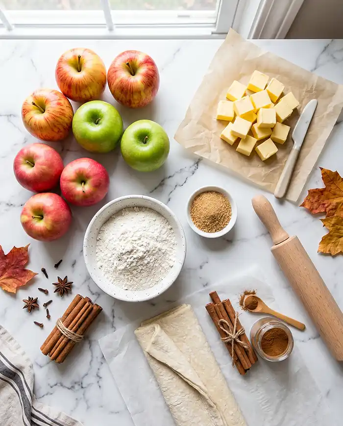 Apple Pastry Recipes 6 Assorted baking apples with pastry ingredients and cinnamon on rustic table
