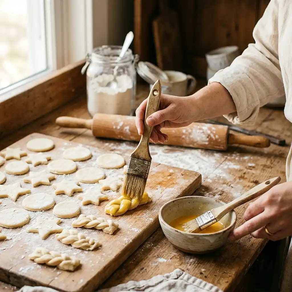 Sweet Breakfast Pastry Recipes 8 Baker brushing egg wash on homemade pastry dough on a floured wooden board with baking tools nearby. breakfast pastry recipes