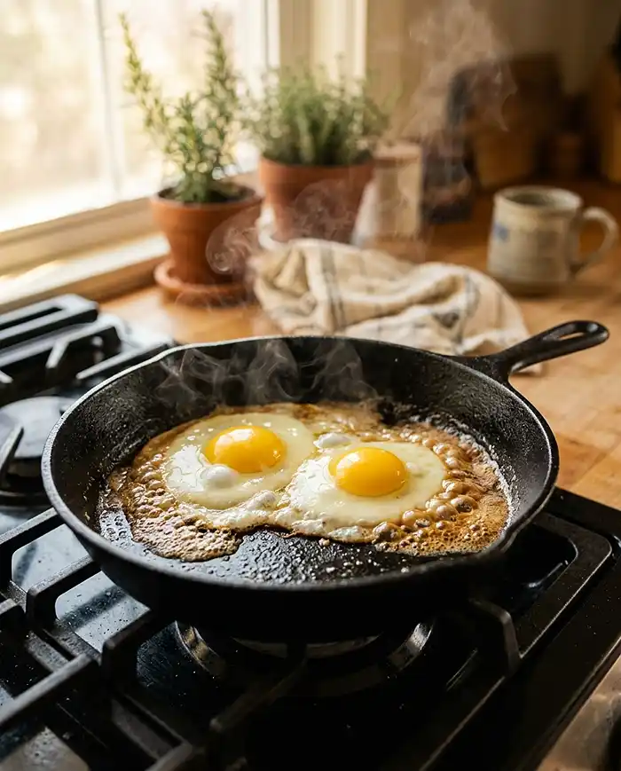 Breakfast Skillet and Plate Recipes 2 Cast iron skillet sizzling with eggs and butter on a stovetop in a cozy morning kitchen