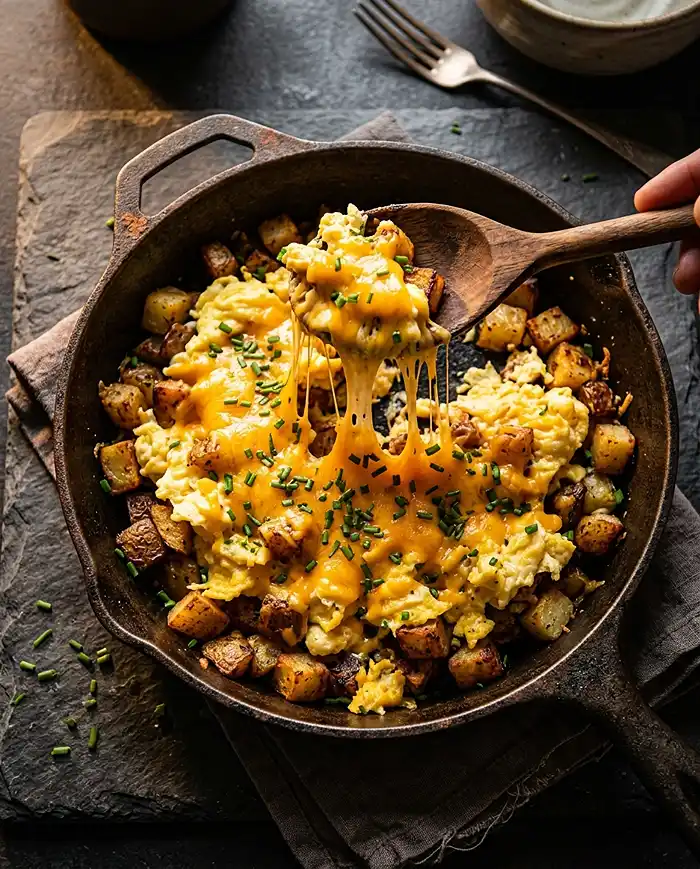 Breakfast Skillet and Plate Recipes 5 Cheesy potato egg scramble in a cast iron skillet with melted cheddar and crispy potatoes
