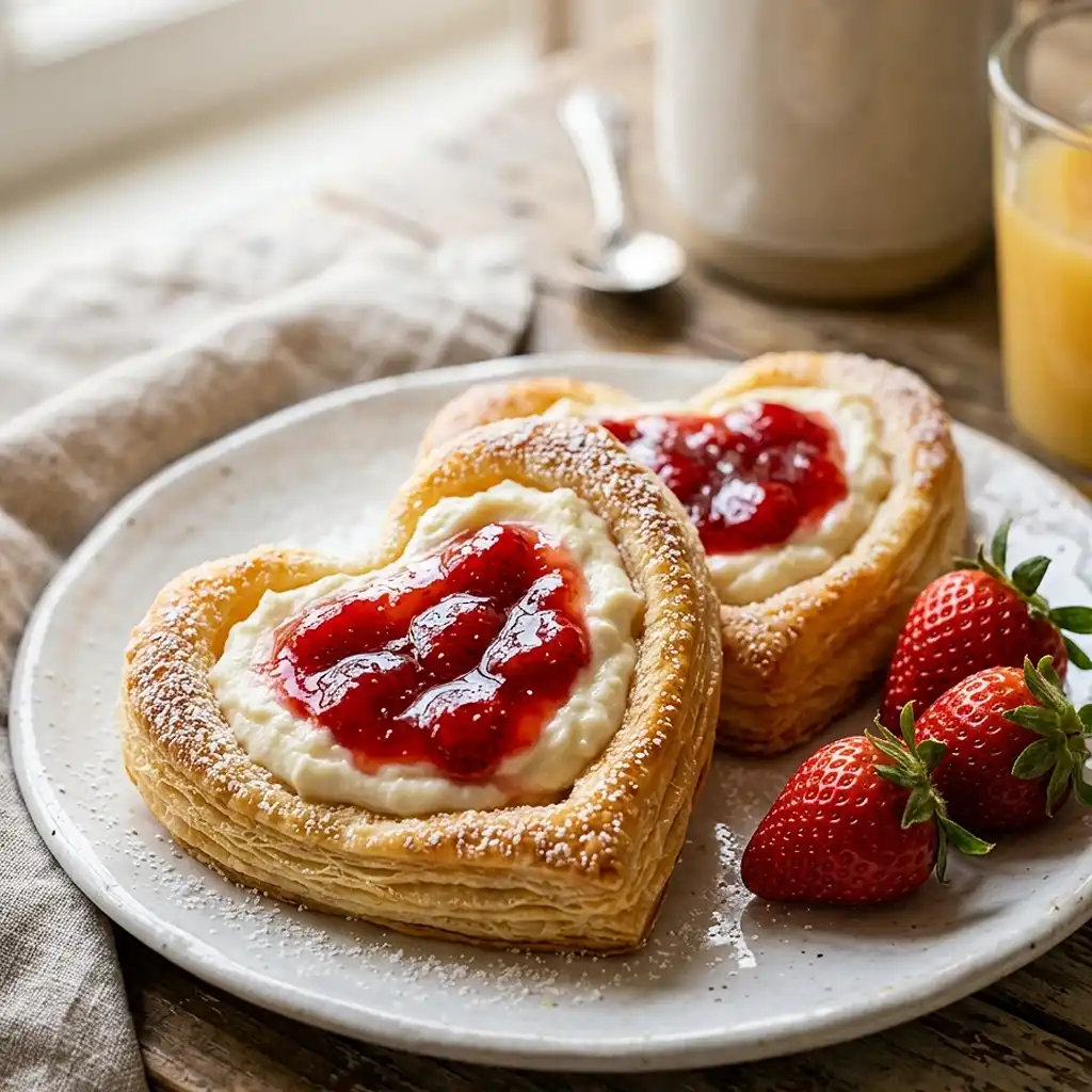 Sweet Breakfast Pastry Recipes 2 Close-up of strawberry cream cheese heart danishes with glossy strawberry filling on a white ceramic plate