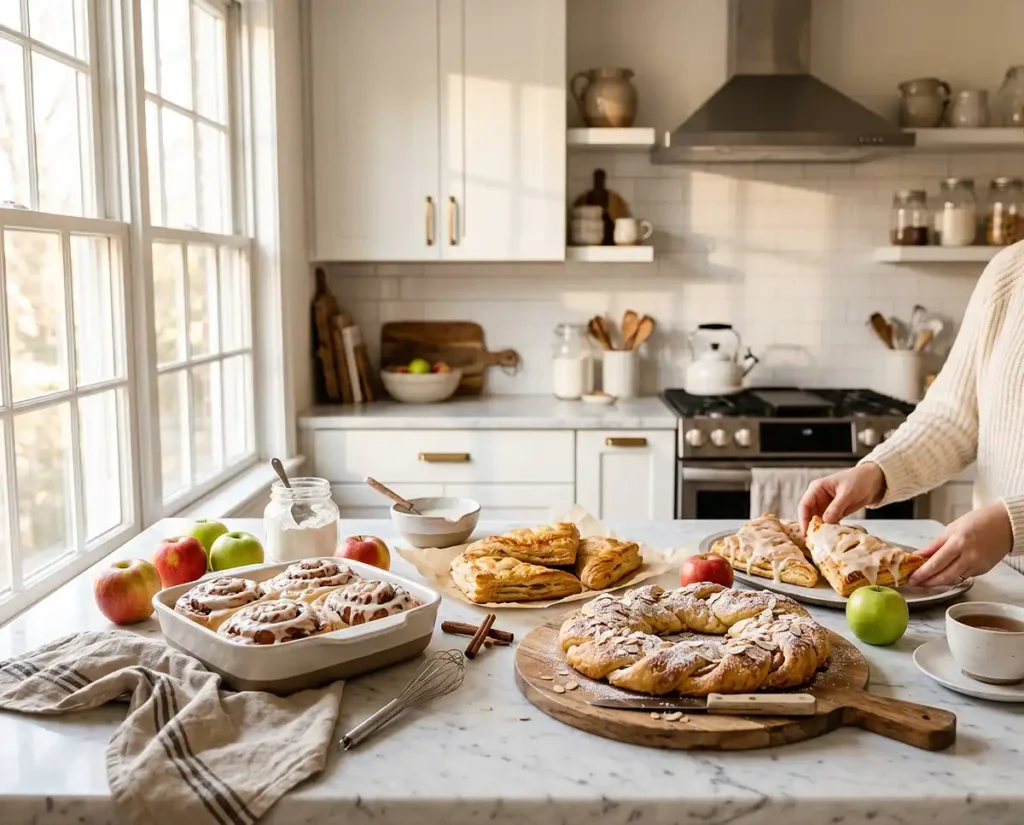 Cozy fall kitchen scene with apple pastries and cinnamon baked goods