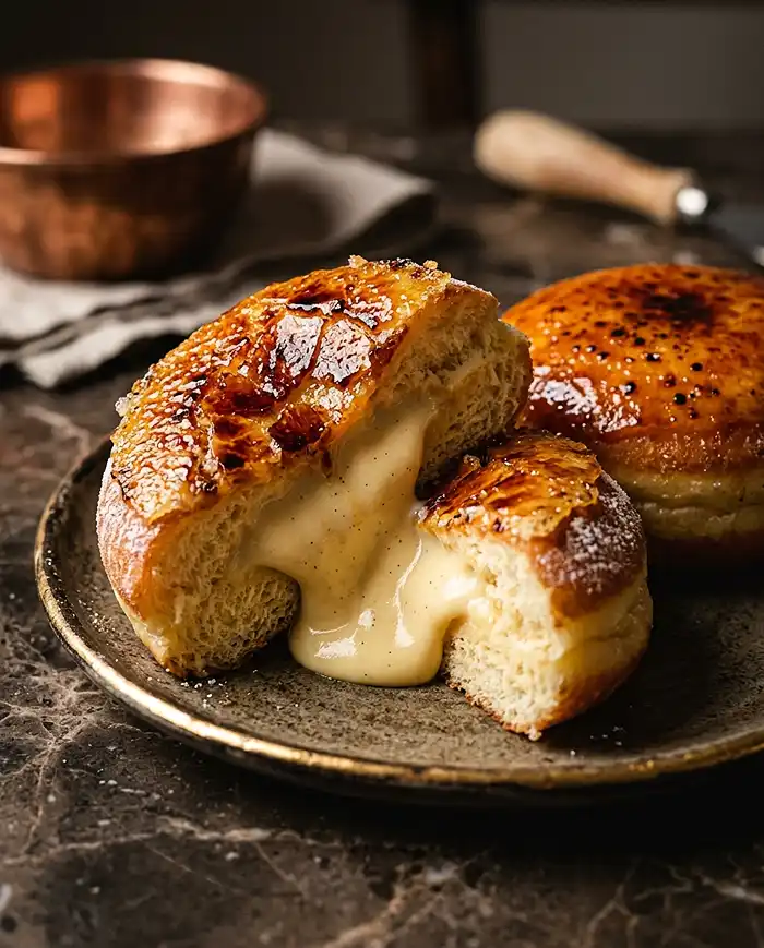Donut Recipes 4 Crème brûlée donut with caramelized sugar top and creamy vanilla custard filling inside