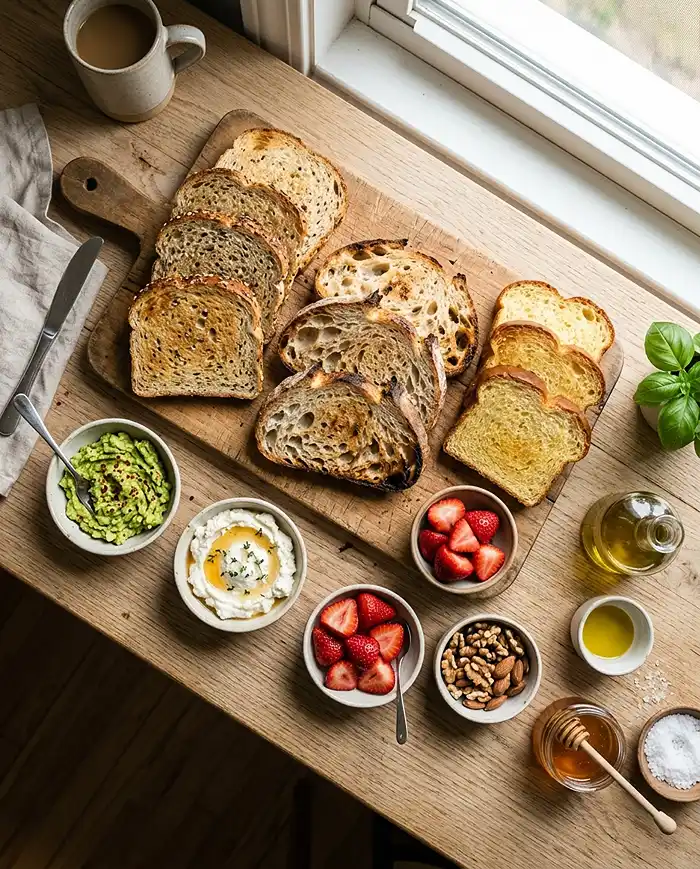 Breakfast Toast Recipes 6 Different types of toasted bread prepared for sweet and savory breakfast toasts