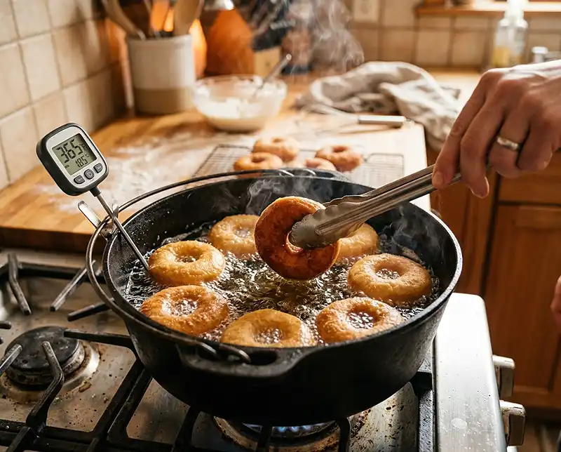 Donut Recipes 6 Donuts frying in hot oil in a pan with a thermometer showing correct temperature and golden color forming