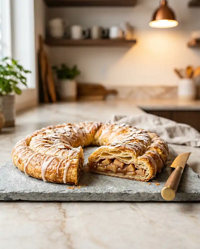 Apple Pastry Recipes 2 Flaky Wisconsin apple kringle pastry sliced on a wooden board with glaze. Apple Pastry Recipes