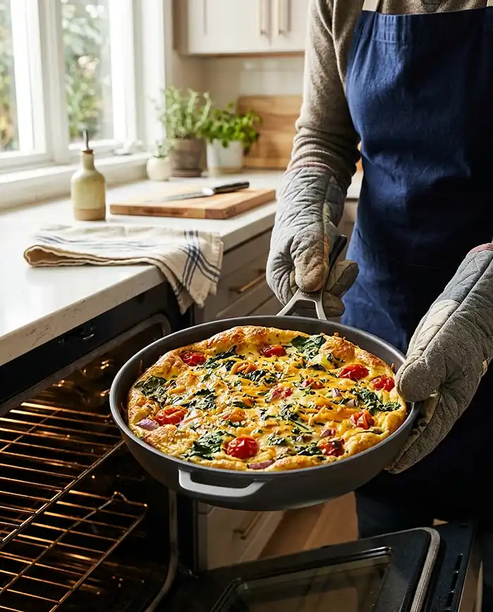 Frittata Recipes 4 Fluffy easy frittata being pulled from the oven in a nonstick skillet with golden edges and colorful vegetables