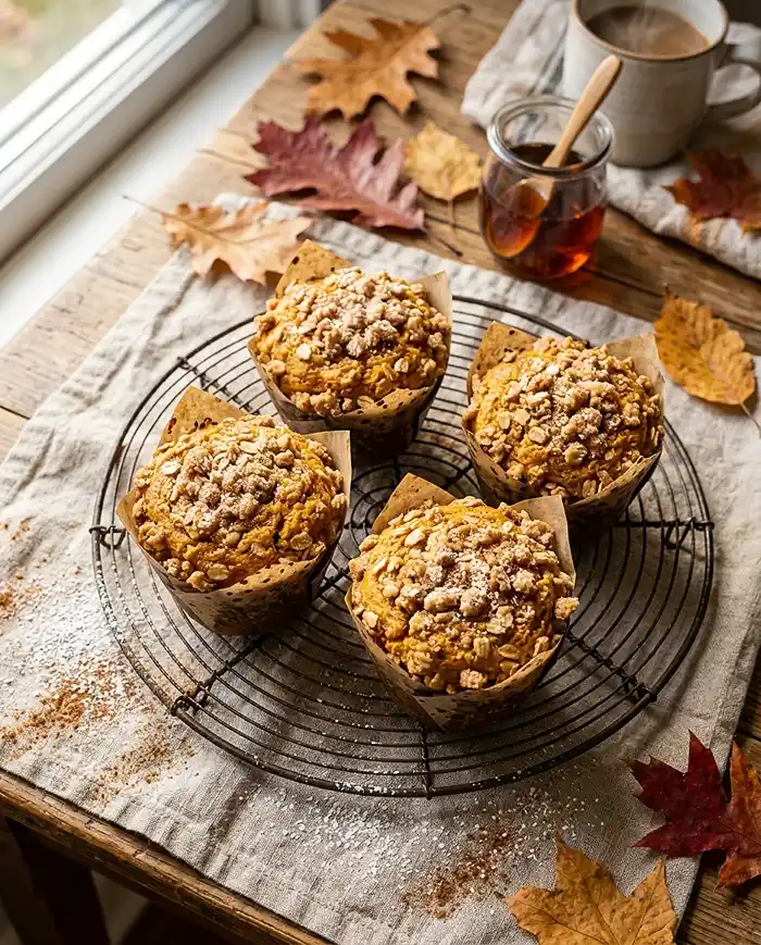 Four pumpkin streusel muffins with golden crumble topping cooling on a wire rack with fall props. Pumpkin Muffin Recipes