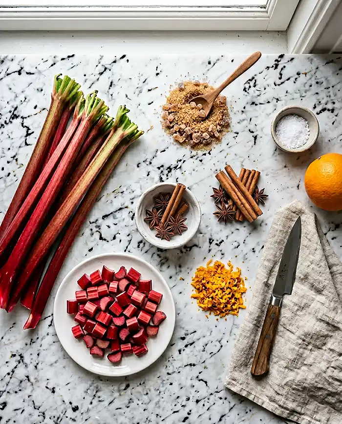Fresh rhubarb stalks and chopped pieces on a marble surface alongside bowls of brown sugar, cinnamon sticks, and orange zest