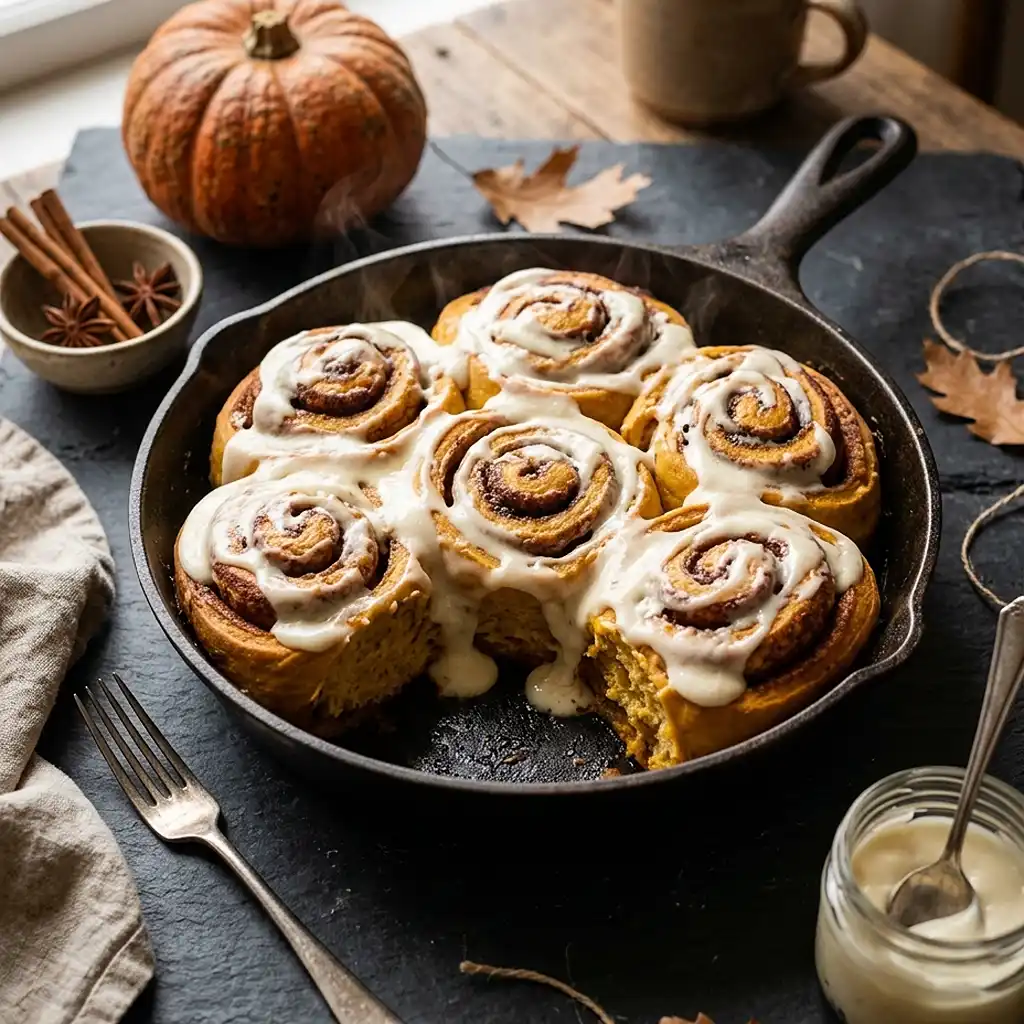 Sweet Breakfast Pastry Recipes 5 Freshly baked pumpkin cinnamon rolls in a cast iron skillet topped with cream cheese frosting