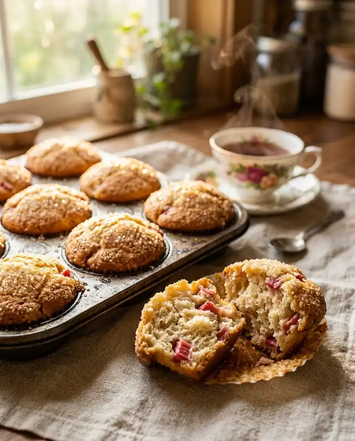 Freshly baked rhubarb muffins with domed sugar-crusted tops in a muffin tin, one broken open to reveal a soft crumb with pink rhubarb pieces