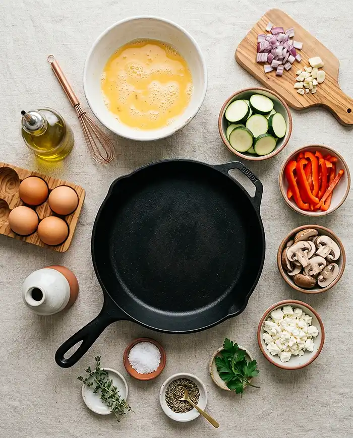 Frittata Recipes 6 Frittata ingredients laid out flat on a countertop including eggs, vegetables, feta, and a cast iron skillet