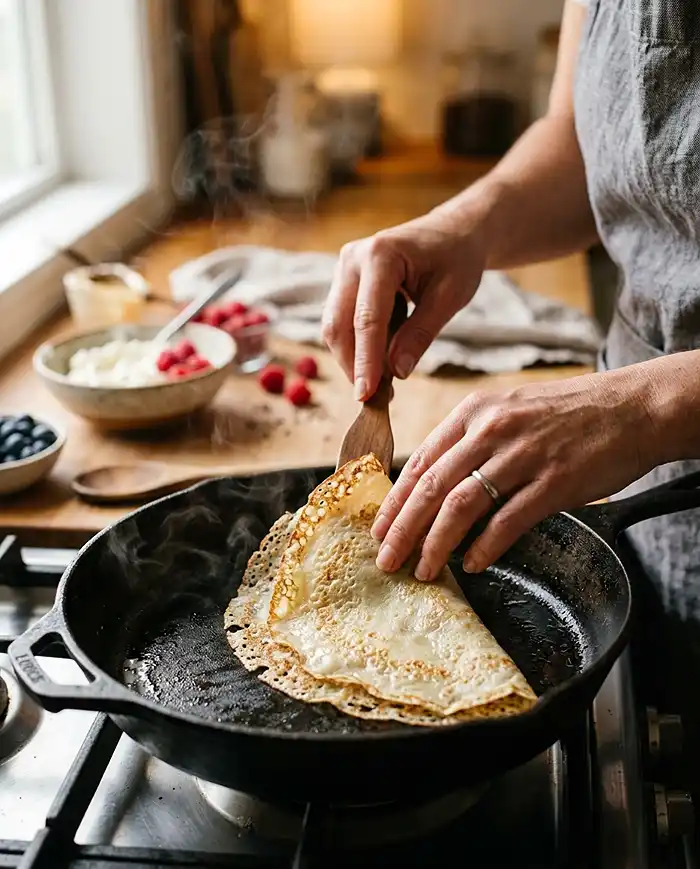 Hands folding a thin golden crepe in a skillet with cream cheese filling and raspberries in the background