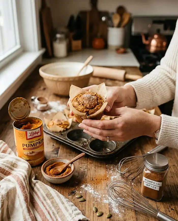 Hands holding a freshly baked pumpkin muffin over a cozy kitchen counter with baking ingredients