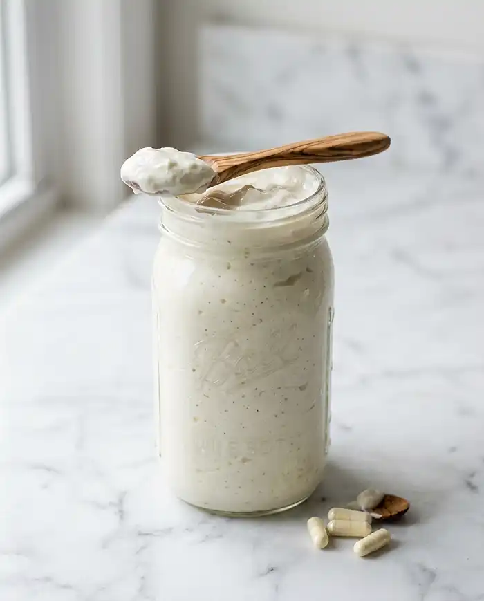 SIBO Recipes 2 Homemade SIBO yogurt in a glass jar with a wooden spoon, thick and creamy, on a marble surface, this is one of the best sibo recipes