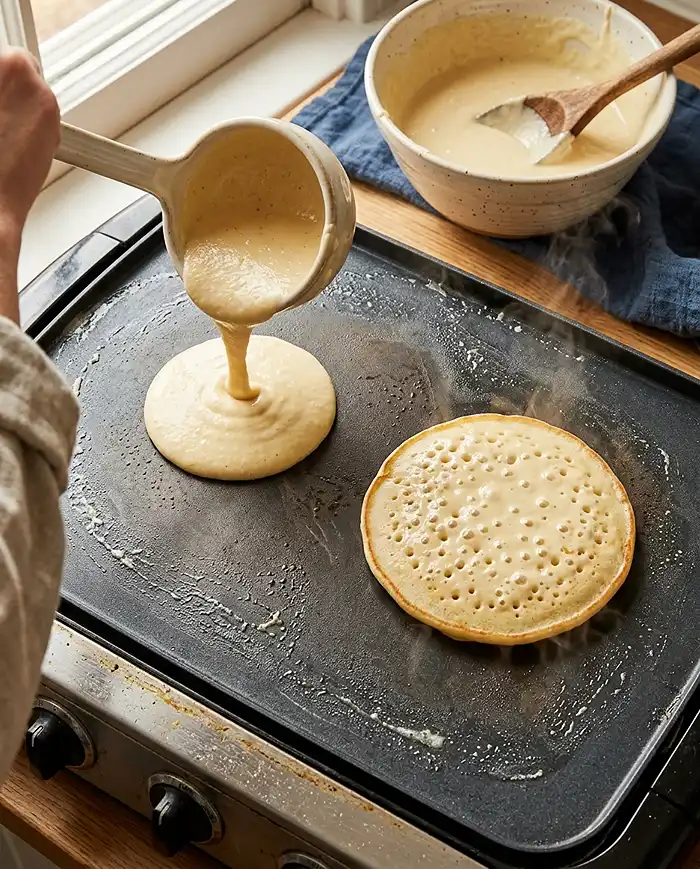 Pancake batter being poured onto a hot griddle with bubbles forming on a cooking pancake beside it